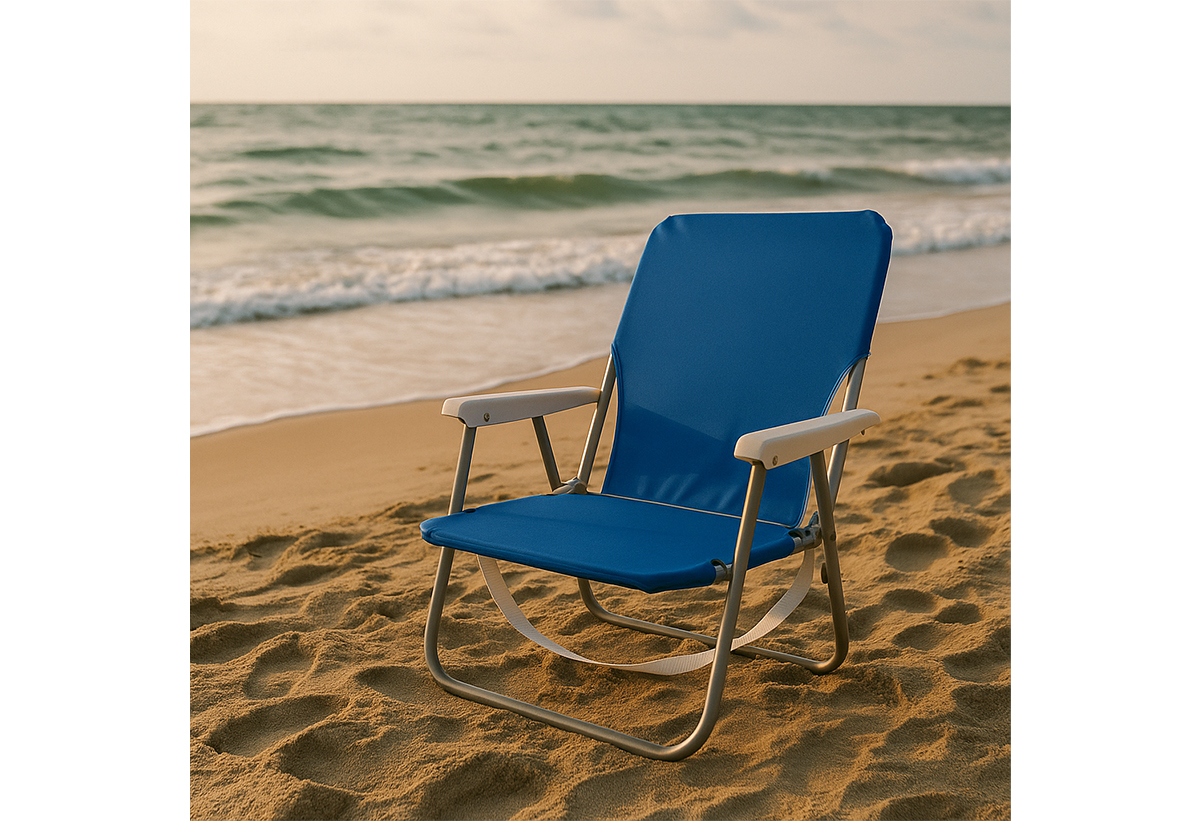 Η καρέκλα με φόντο μία παραλία.